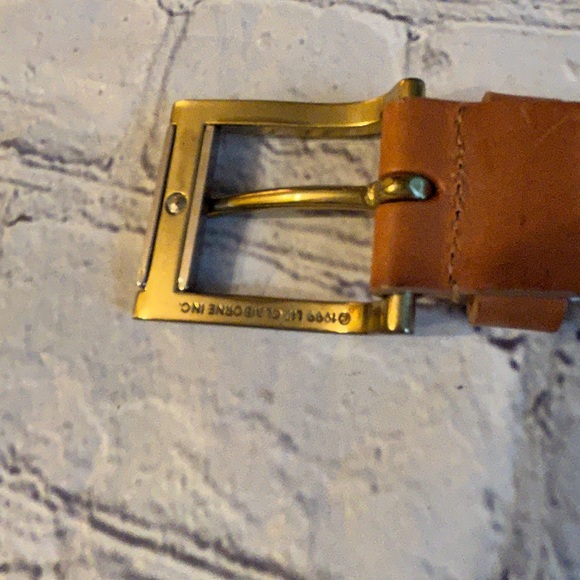 VINTAGE (1999) LIZ CLAIBORNE BEIGE FABRIC/CARMEL LEATHER TRIM BELT SIZE MEDIUM - Picture 4 of 8
